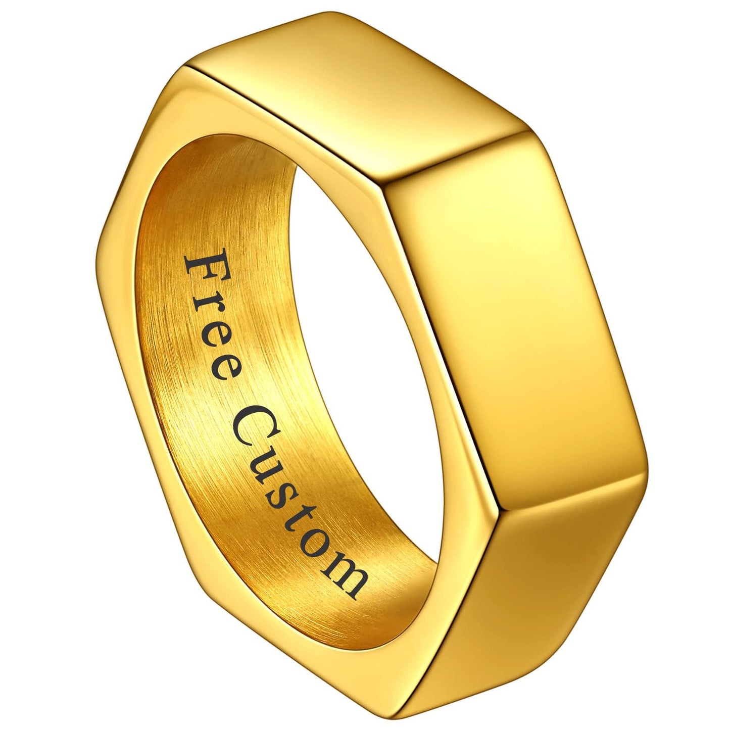 ChainsHouse Personalize Simple Band Rings 18K Gold Plated Geometric Hexagon Biker Ring for Men Women, Size 14