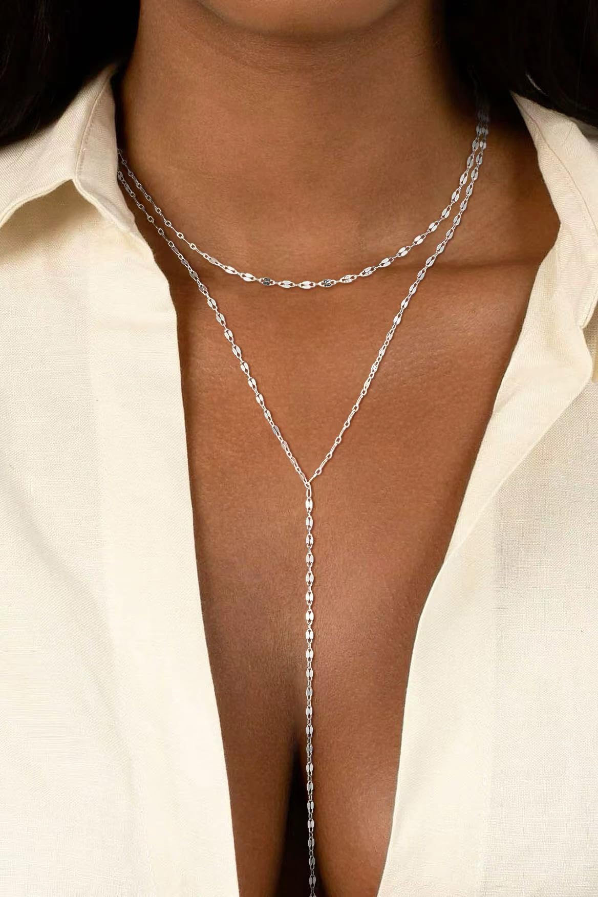 Fglqfam Lariat Necklace for Women, Dainty Long Necklaces, 14k Gold/Silver Plated Y-Shaped Drop Chain Necklace, Simple Layered Necklaces, Trendy Jewelry Gifts