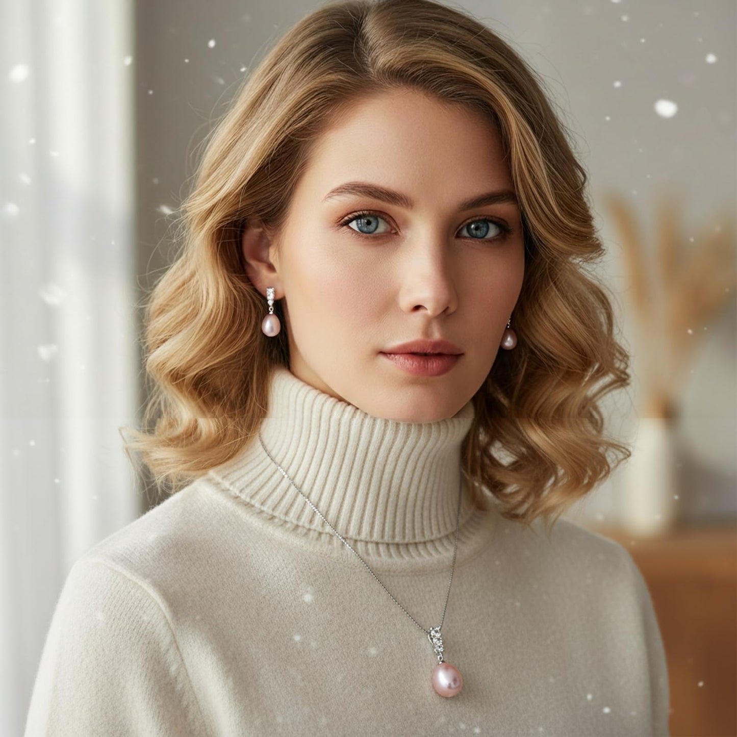 BAMIKI Purple Pearl Necklace and Earrings Set, Freshwater Cultured Pearl Jewelry Set in 925 Sterling Silver with CZ - Elegance for Wife, Mom, Girlfriend on Anniversary, Mother's Day, or Birthday