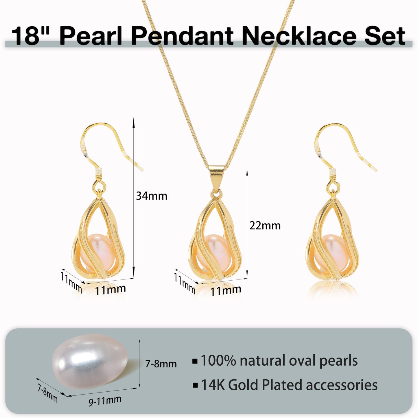 HENGSHENG Pearl Jewelry Set For Women 14K Gold Plated Necklace & Earrings Set Freshwater Pearl Pendant Cage Set for Wedding Anniversary Prom Birthday Gift - Golden Pink