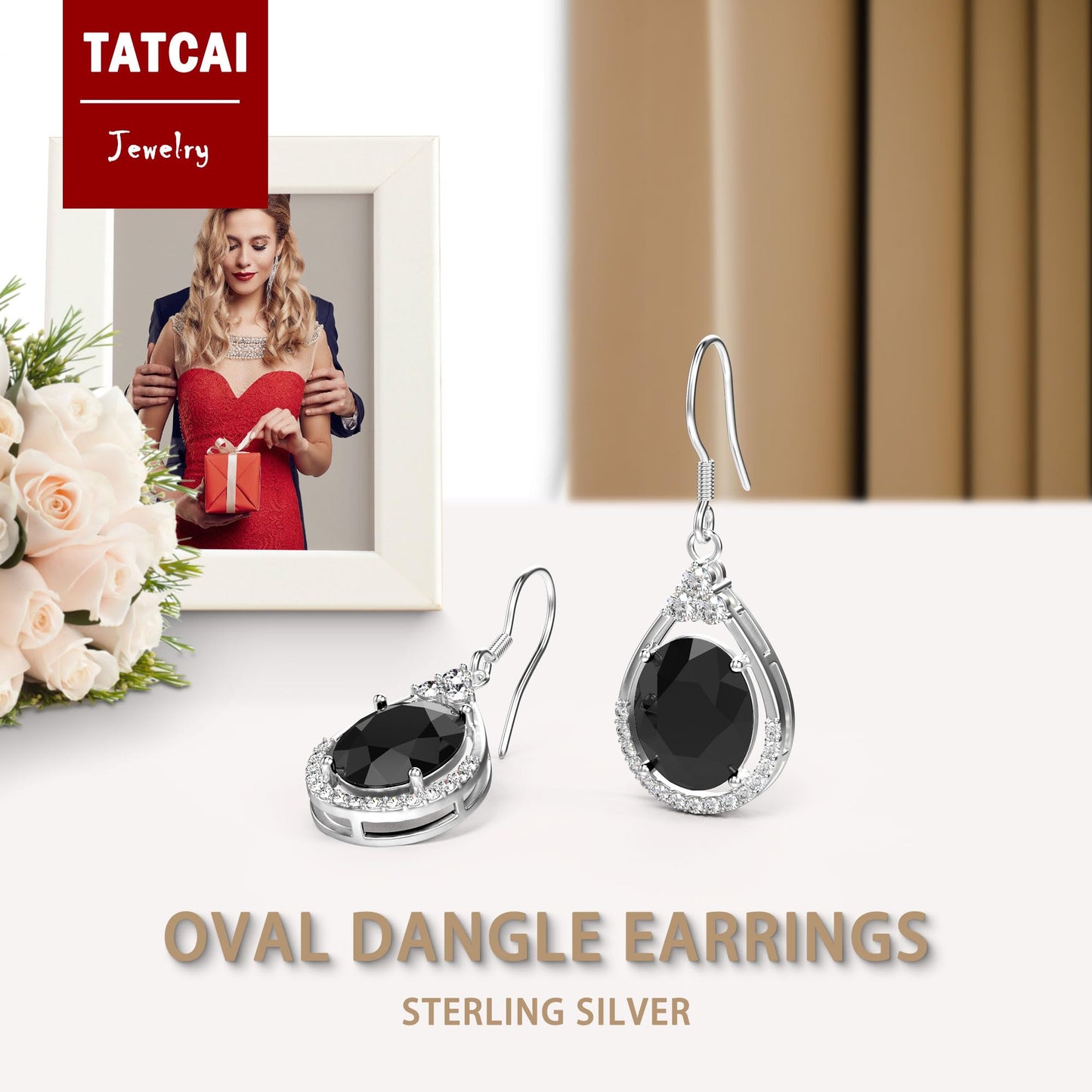 18K White Gold Plated Sterling Silver Oval Cut Cubic Zirconia Drop Dangle Earrings for Women Hypoallergenic Statement Earrings Gifts for Women Mom (Black)