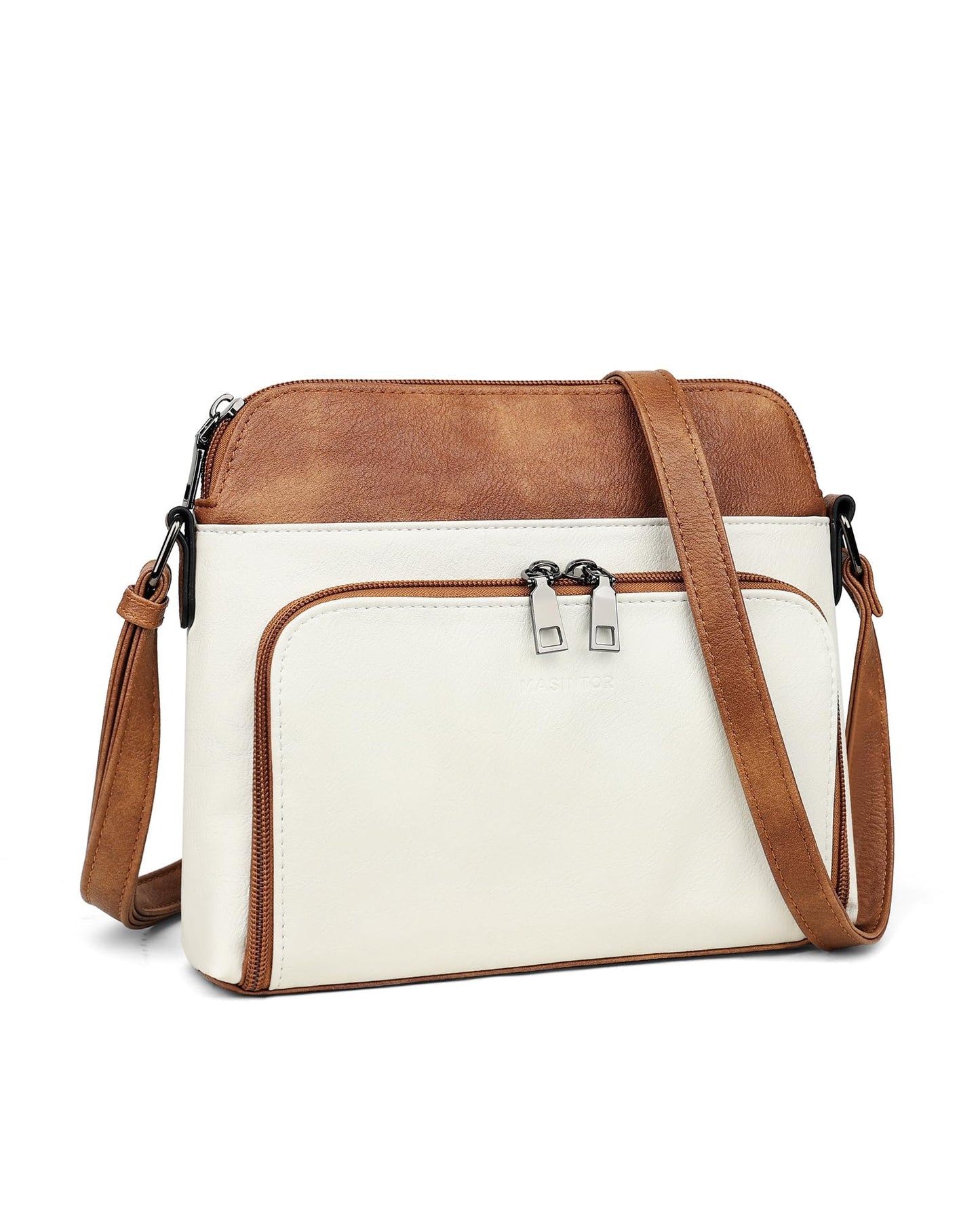 MASINTOR Crossbody Purse Bags for Women, Multi-Pocket Soft Leather Shoulder Purse, Lightweight Travel Handbag with Adjustable Strap Gypsum White with Brown