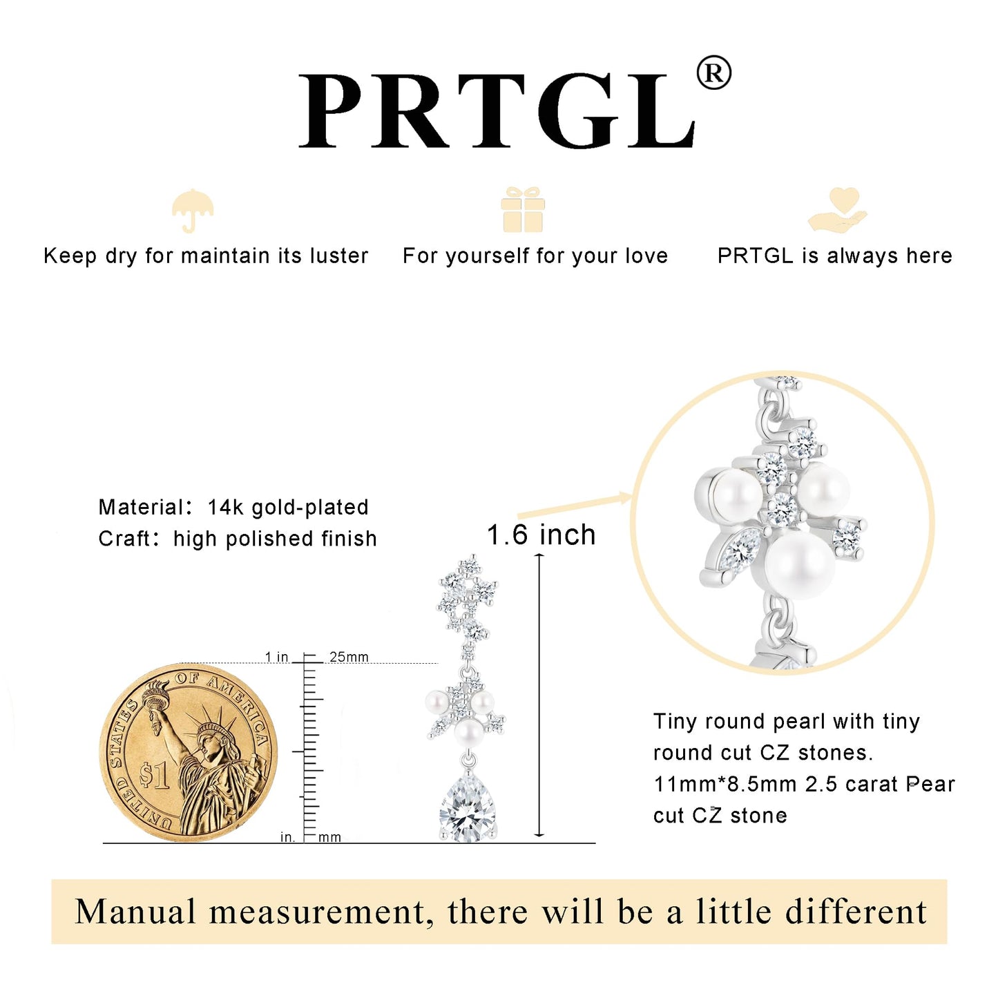 PRTGL Pearl Drop Earrings - Silver 14 White Gold Plated Cubic Zirconia Accented Pearl Drop Dangle Earrings for Women Wedding Bridal Teardrop Design