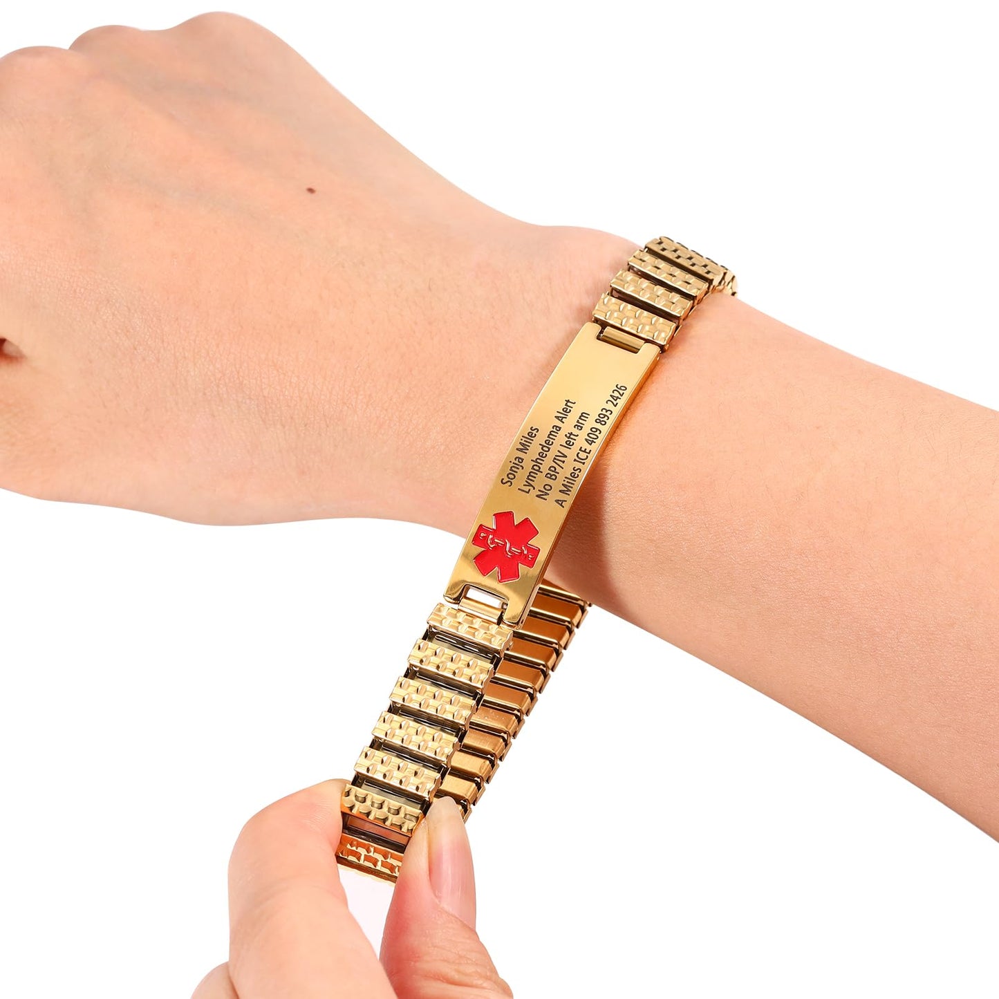 Personalized Medical ID Bracelets for Men - Custom Emergency Alert Bracelet for Women Engraved Medic Info Elastic Stainless Steel Bracelets for Family Autism Allergy Diabetic Epilepsy (Gold, 21.5cm)