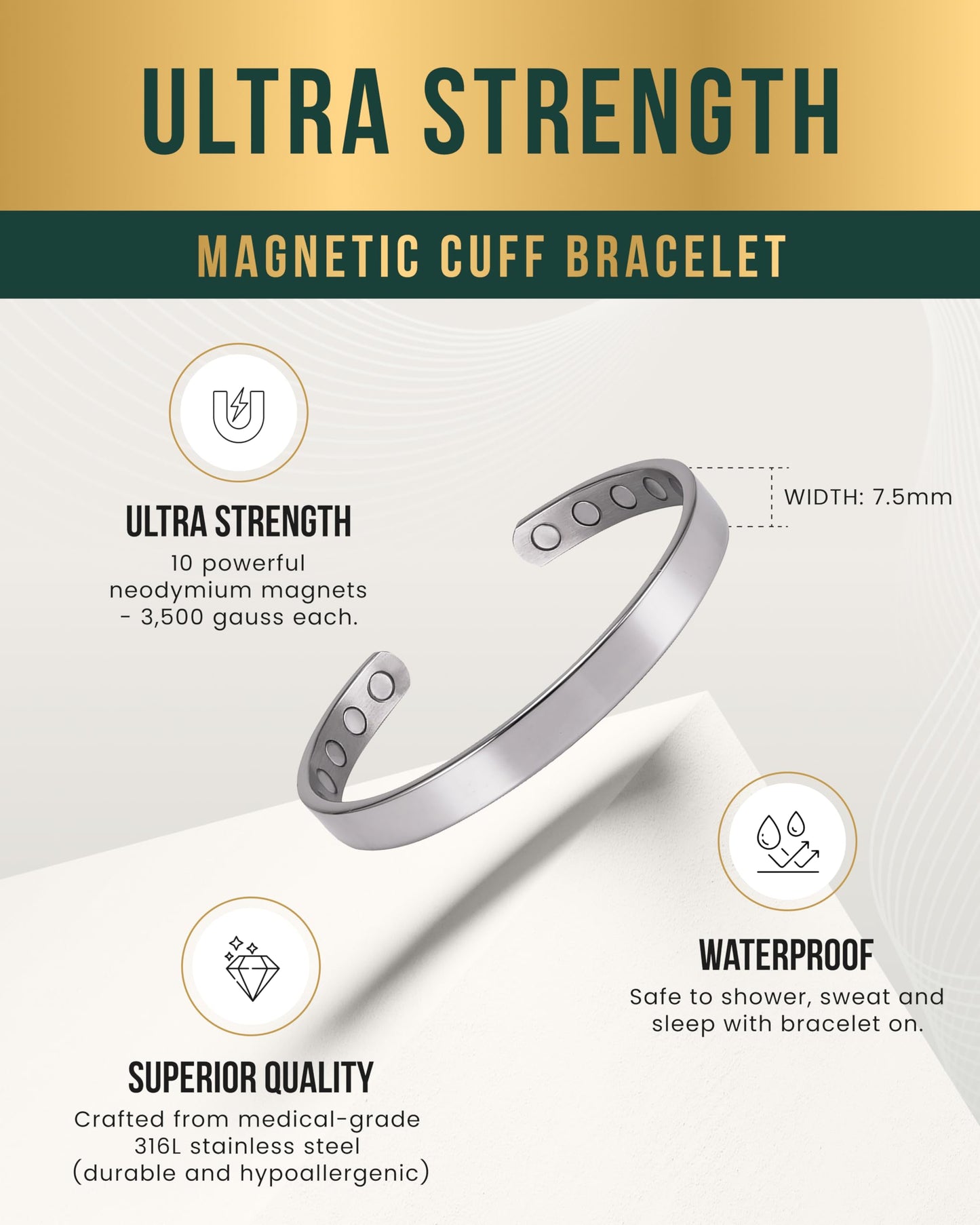 MagnetRX® Magnetic Bracelets for Men & Women - Elegant Bangle Men’s Cuff - Golf/Tennis Elbow & Balance, Stainless Steel Magnetic Bracelets for Women (Polished Silver | Small)