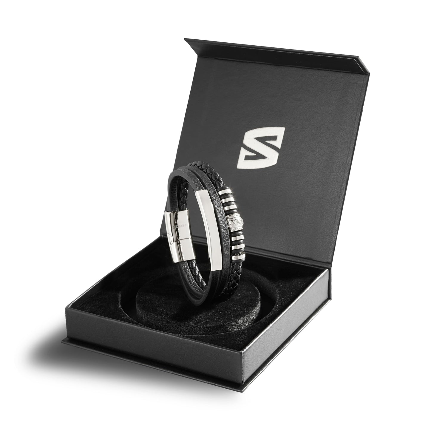 SERASAR 9″ Silver Leather Bracelets for Men Mens Cowhide Gift Box Braided Bracelet Stainless Steel Jewelry Wrist Band Cuff Wrap Rope Bangle Dad Pulseras para Hombres Cuero Regalo