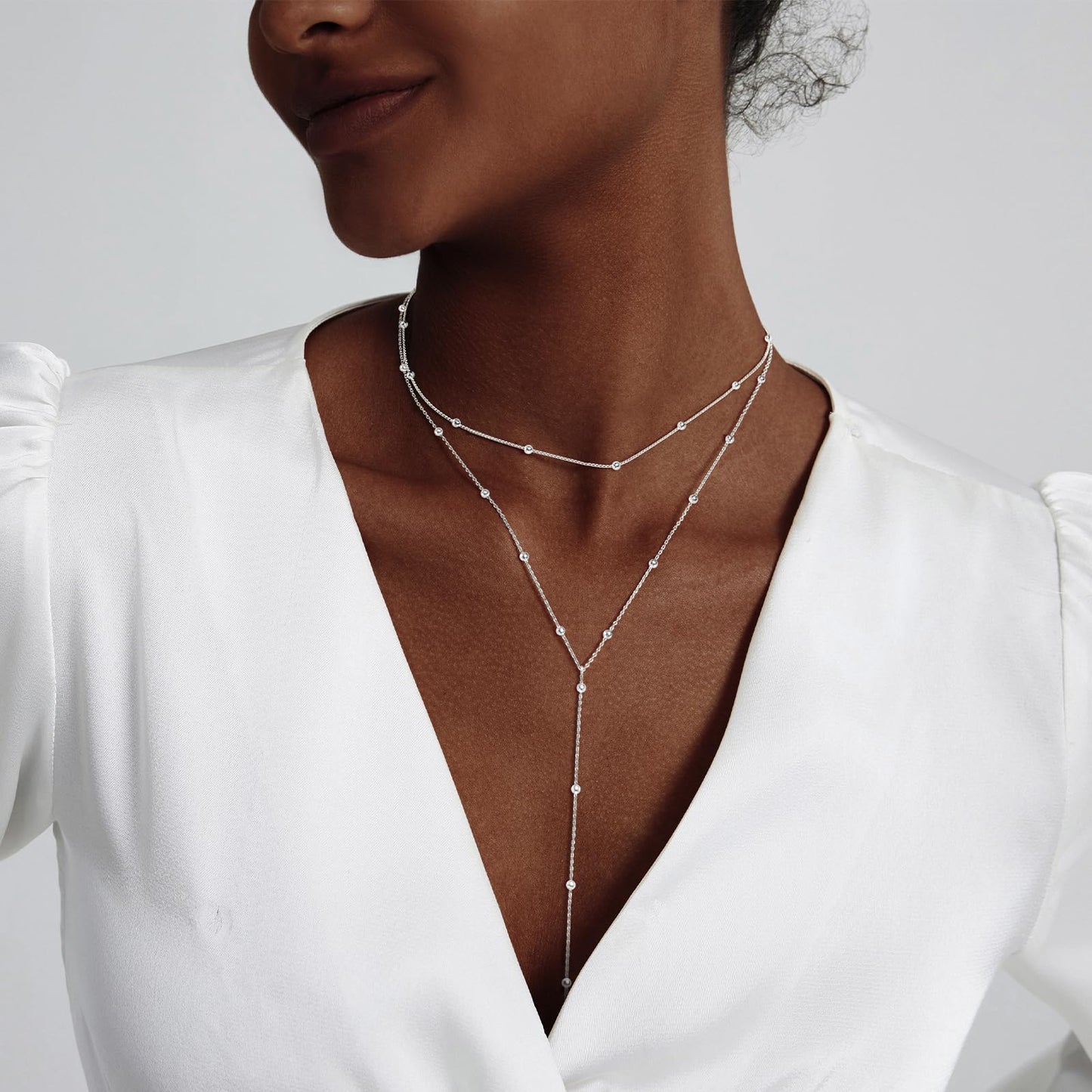 Luxval Silver Necklace for Women Dainty Silver Plated Layered Necklaces for Women Trendy Lariat Beaded Long Necklace Simple Jewelry Gift Wedding