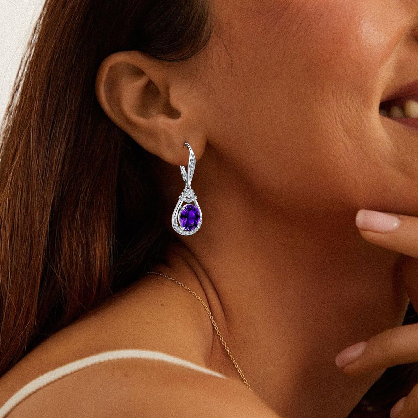 Valentine's Day Gifts for Women |18K G Plated Sterling Silver Birthstone Teardrop Leverback Drop Earring for Women Lady | Wedding Jewelry Gifts for the Bride | Hypoallergenic Oval Cut CZ Earrings (Silver-02-Feb.-Amethyst)
