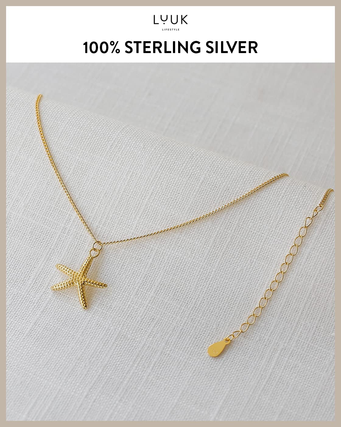 LUUK LIFESTYLE Necklace in 925 sterling silver with starfish pendant, with HAPPINESS gift card, summer and sea pattern, trendy and chic design, beach jewelry, travel charm, 19 inches, gold