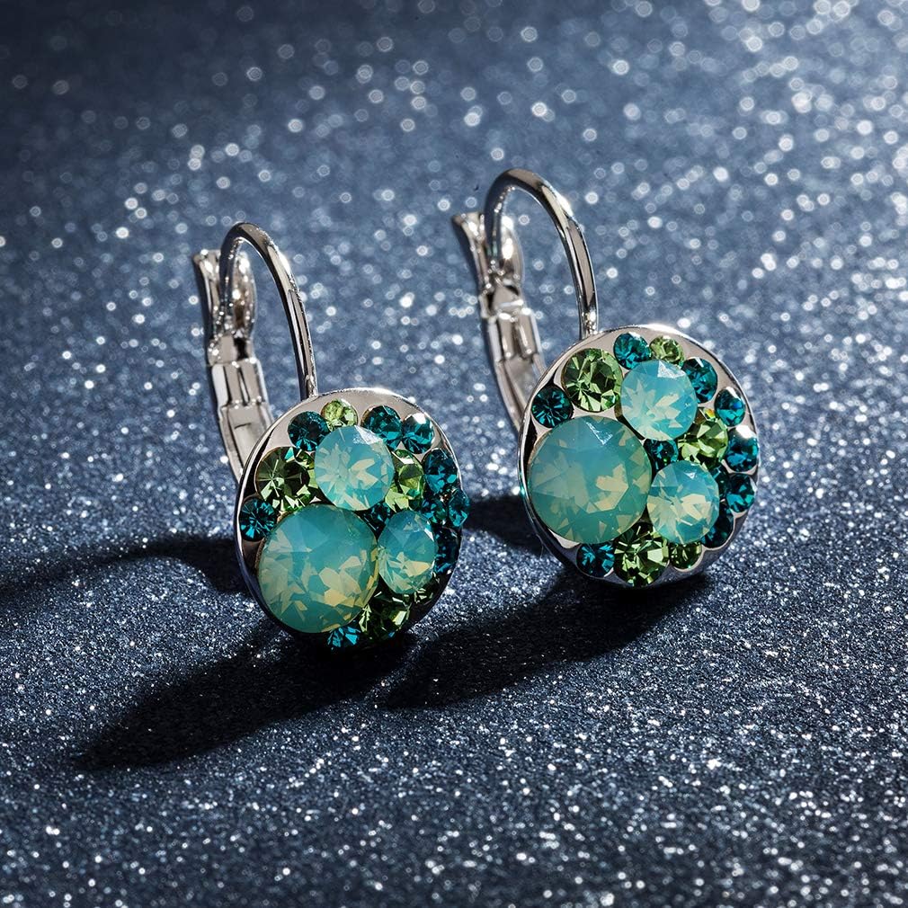 Multicolored Austrian Crystal Drop Earrings for Women 14K Gold Plated Hypoallergenic Leverback Dangle Earrings (Green Main Crystal/Silver-tone)