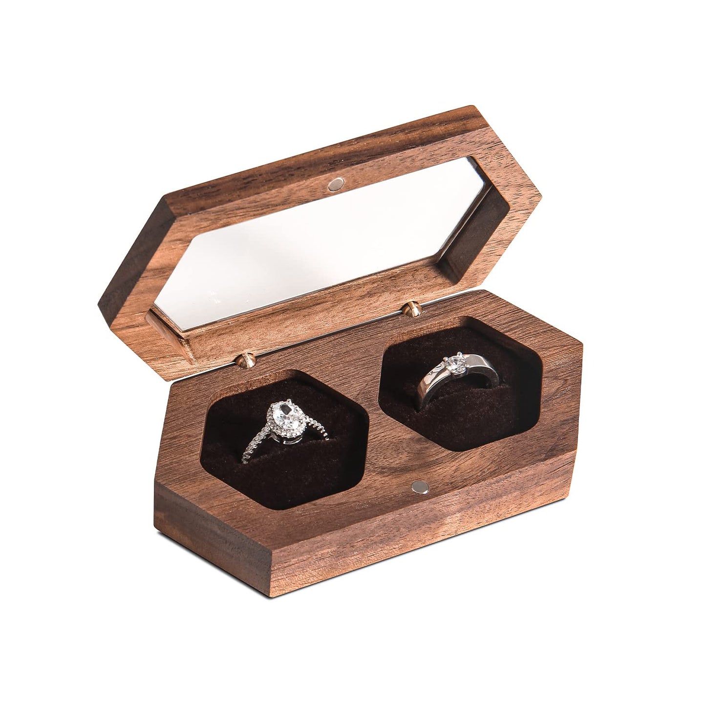Wislist Double Ring Box for Wedding Ceremony,Walnut Wooden Rustic Ring case for Wedding and Engagement