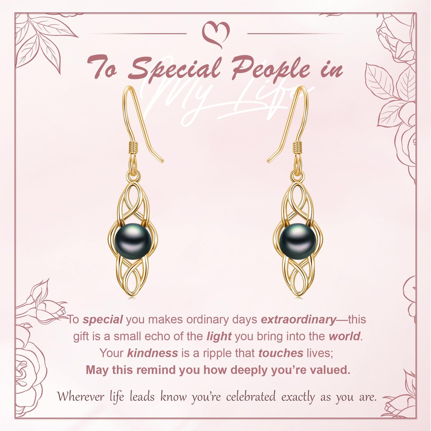 KANNSOAR Tahitian Black Pearl 18K AAAA Yellow Gold Plated Sterling Silver Celtic Knot Dangle Drop Earrings for Women Wife Mom Girlfriend Her Jewelry Gift for Anniversary Birthday Christmas