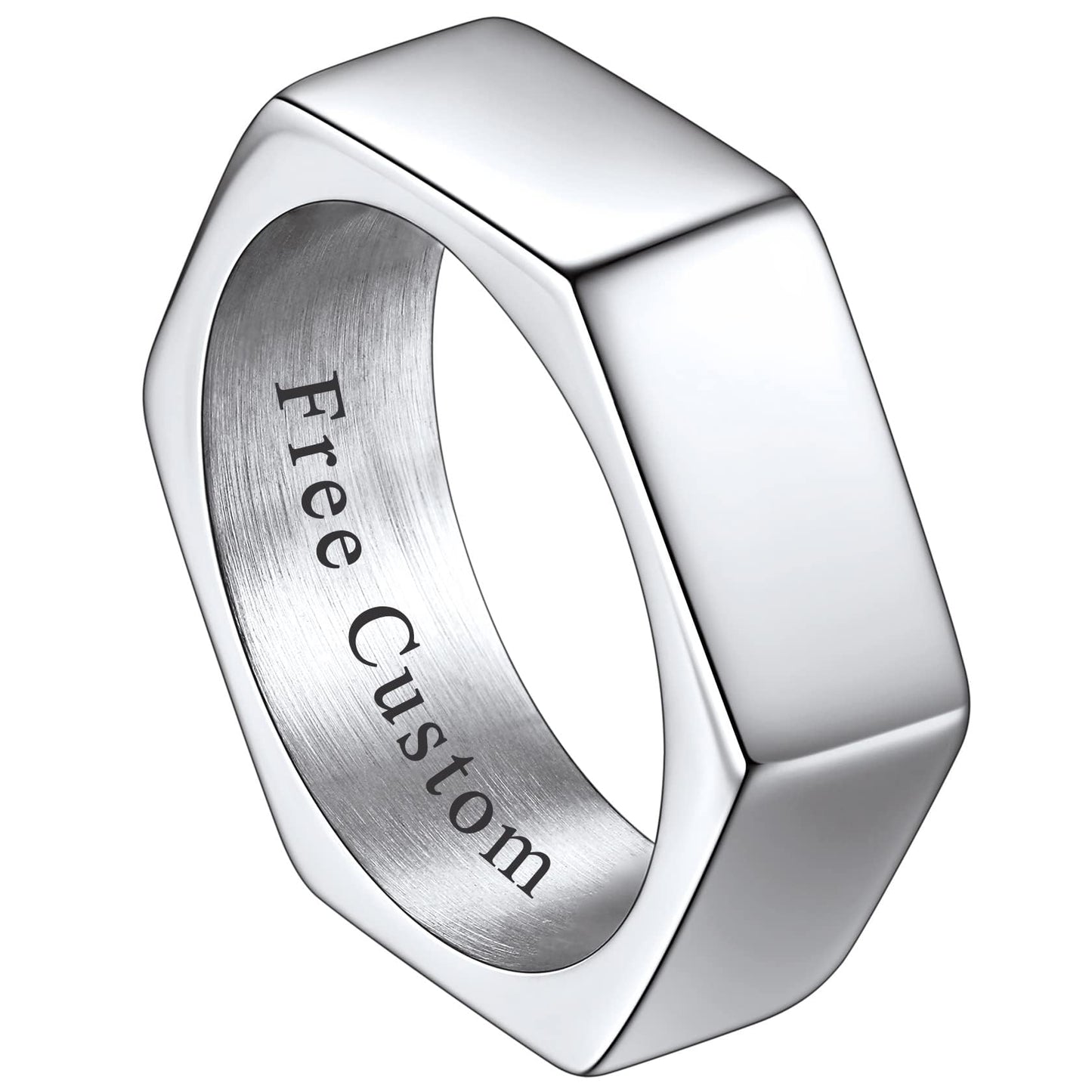 ChainsHouse Hexagon Ring Stainless Steel Geometric Biker Bands Custom Engraved Punk Jewelry for Men Women, Size 7