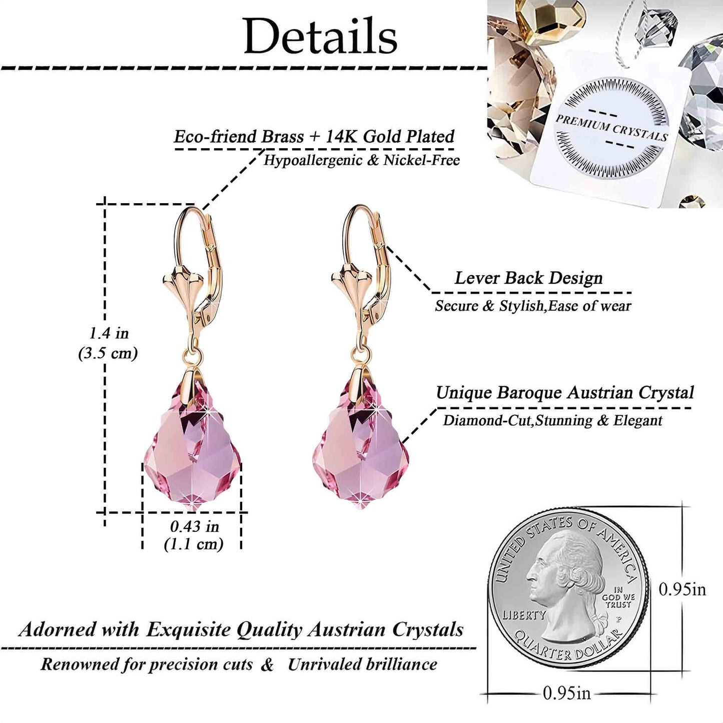 Austrian Crystal Baroque Drop Leverback Earrings for Women Fashion 14K Gold Plated Hypoallergenic Jewelry (Pink)