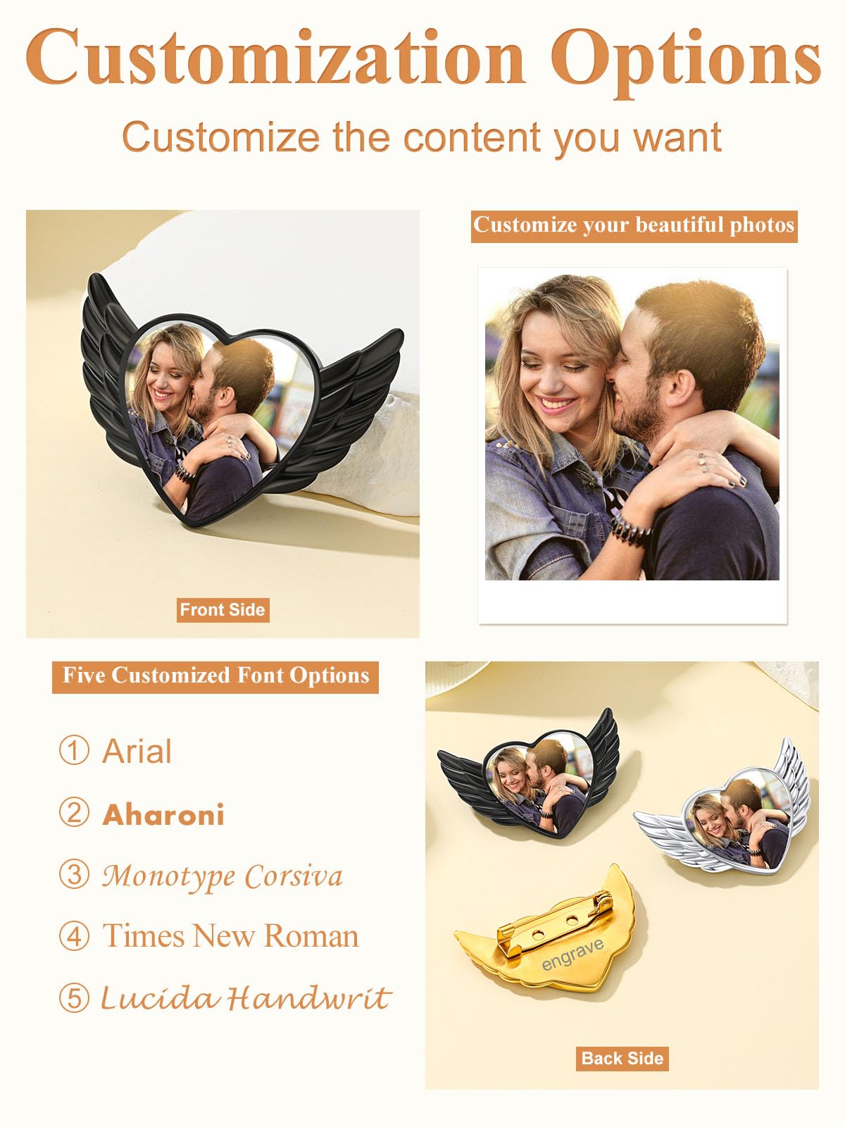 Custom4U Angel Wings Picture Broochs Wedding Bouquet Pin for Bride Name Engraved Memorial Charm for Women Men Father