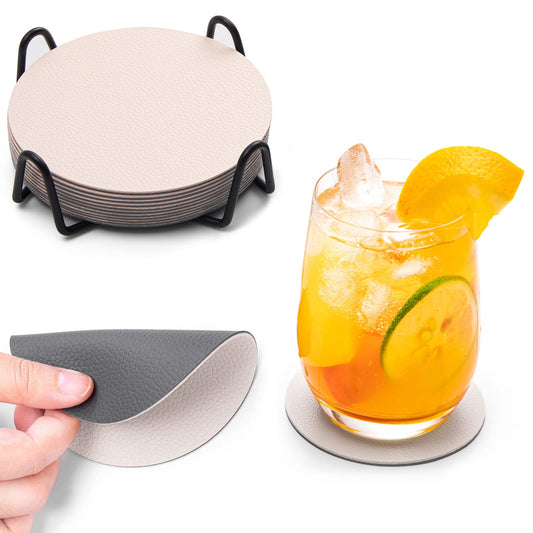 Chitomars Faux Leather Coasters with Holder, Dual Sided Sets of 12, Non-Slip Washable Coasters for Coffee Tabletop Protection (Gray White)