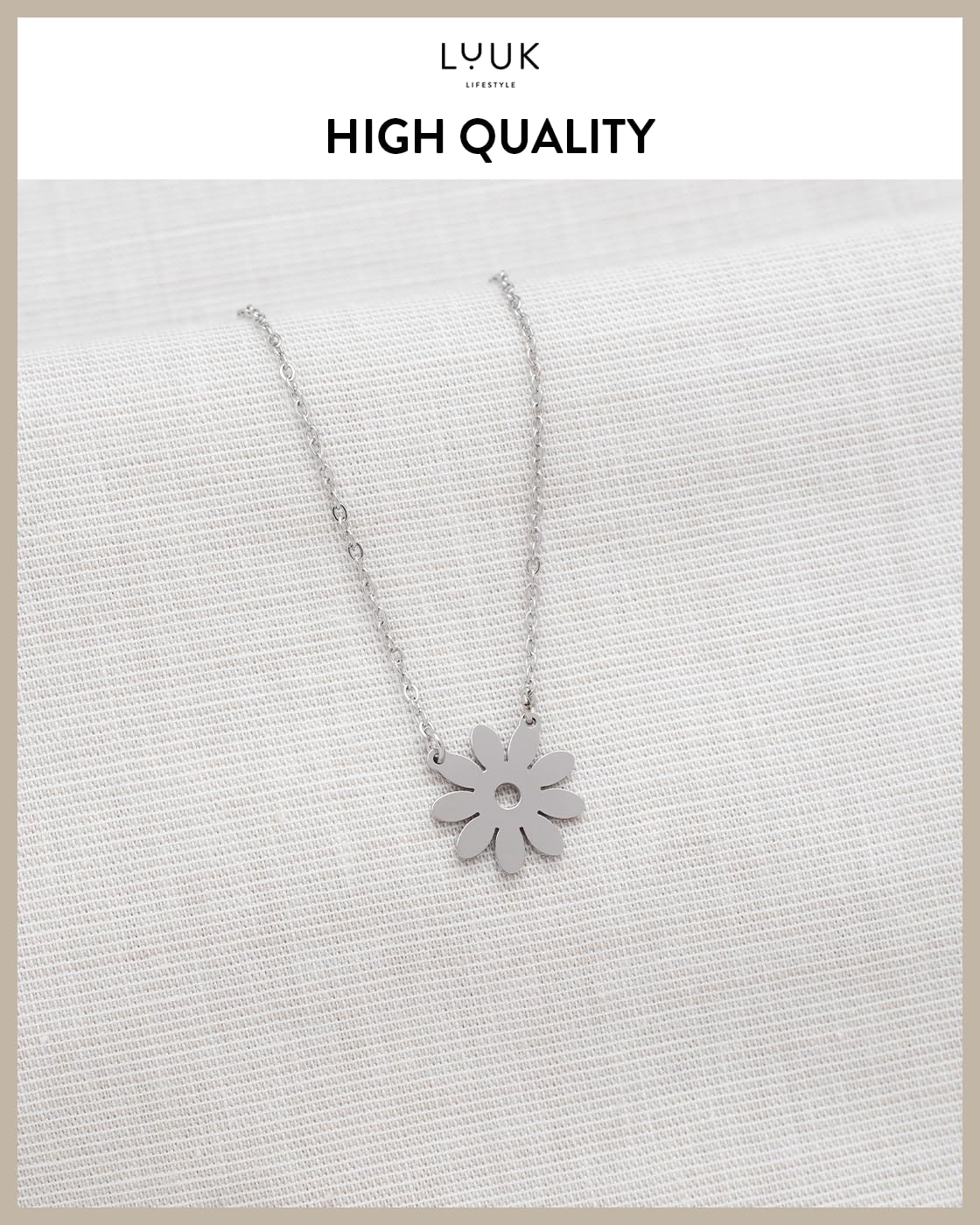 LUUK LIFESTYLE Flower pendant cute necklace, Stainless steel, 14k silver plated, with HAPPINESS Gift Card, 19in adjustable sturdy chain, dainty, modern, trendy, gifting season aesthetic