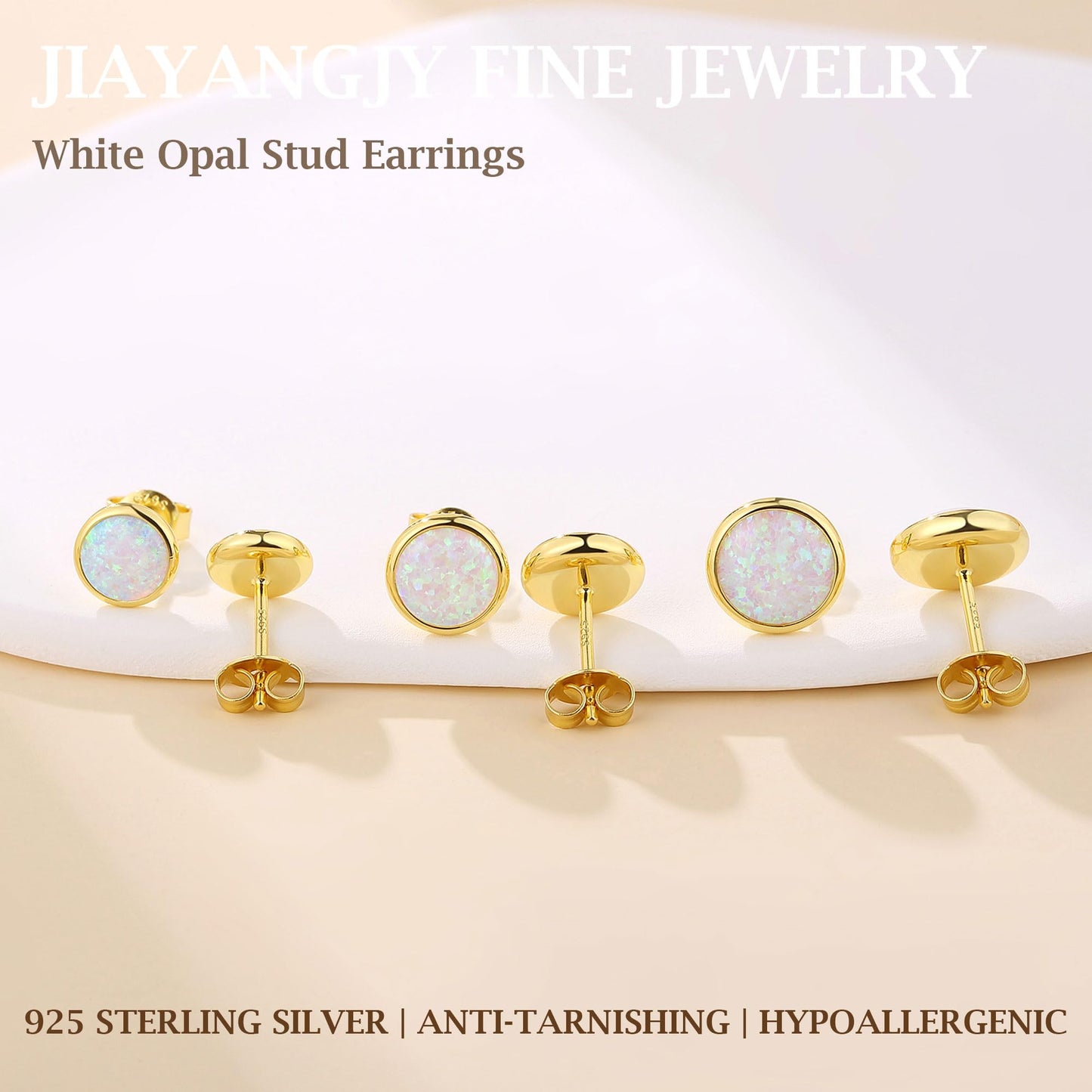 JiayangJY Silver Whie Fire Opal Stud Earrings for Women Sterling Silver Round Shape 6mm Opal Earrings with Push Back