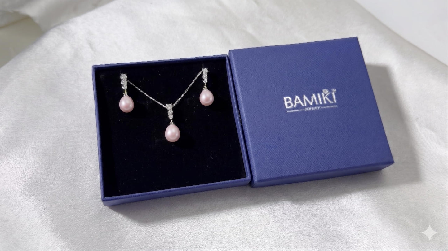 BAMIKI Purple Pearl Necklace and Earrings Set, Freshwater Cultured Pearl Jewelry Set in 925 Sterling Silver with CZ - Elegance for Wife, Mom, Girlfriend on Anniversary, Mother's Day, or Birthday