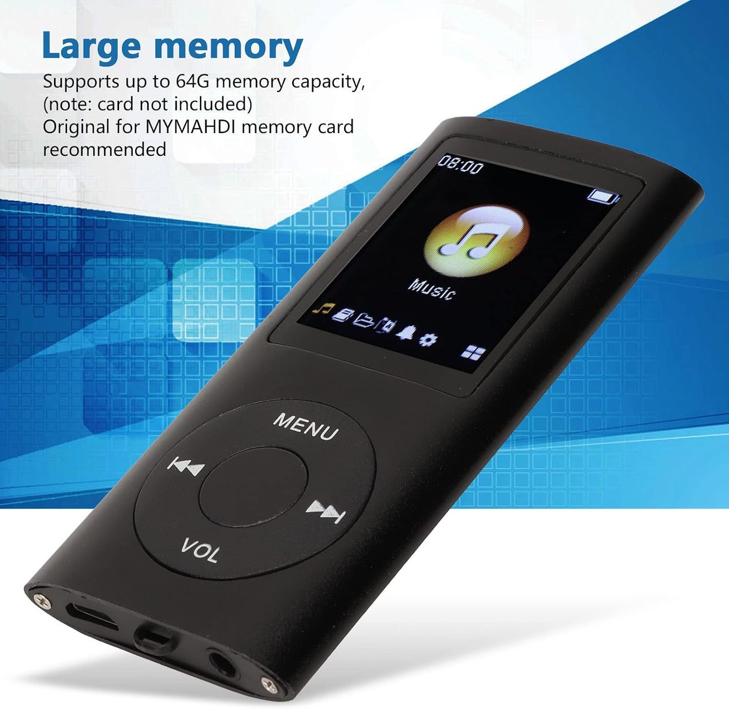 Dan&Dre MP3 1.8 Inch 64G Player, LCD Slim Portable Music Player with Lossless Sound, Aluminum Alloy, Expandable (Black)