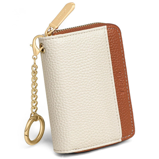 YUYULA Lether Women Credit Card Wallet, Zipper Business Card Holder for Women, RFID Blocking, KeyChain Wallet (Beige With Brown)