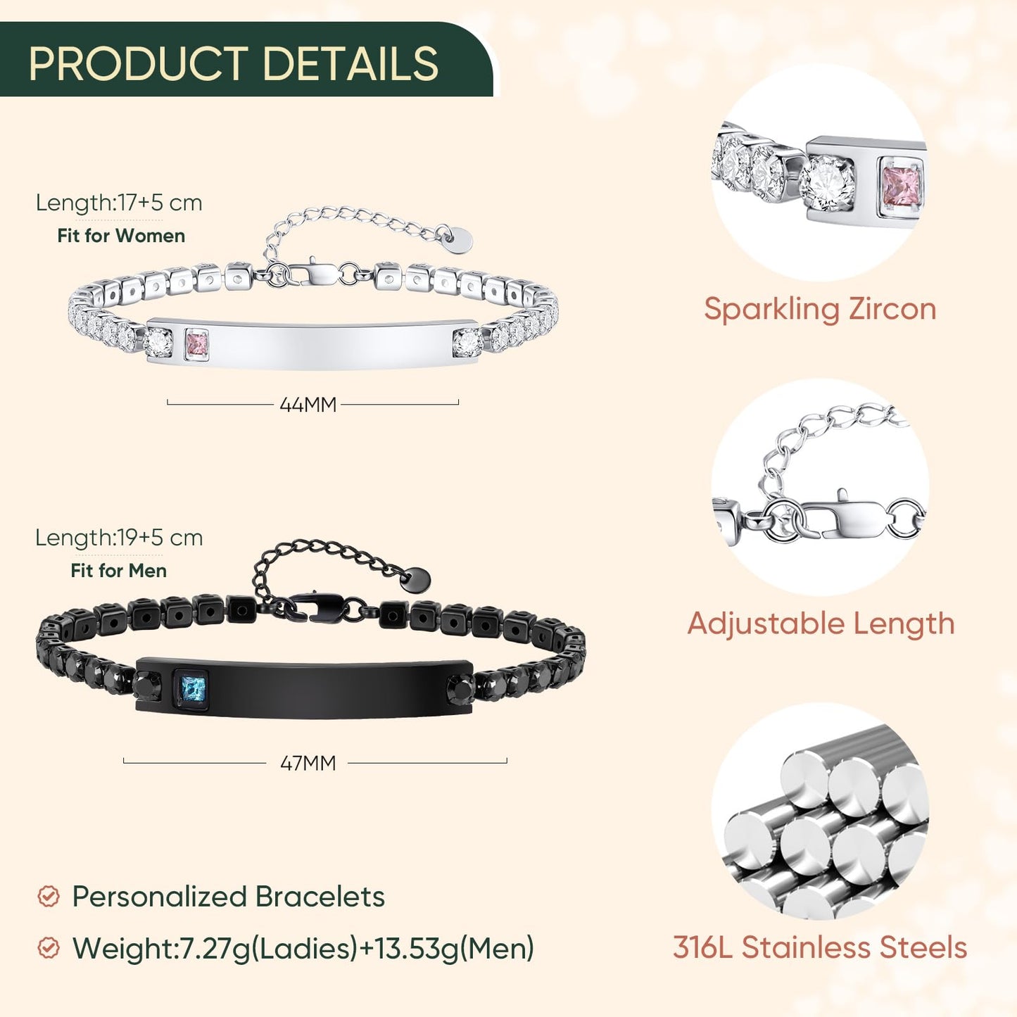 Personalized Matching Bracelet for Couple - Custom Engraving Couple Bracelet,Stainless Steel Long Distance Relationship Jewelry,Promise Bracelet for Bf and Gf,Wedding Anniversary Birthday Promise Gift