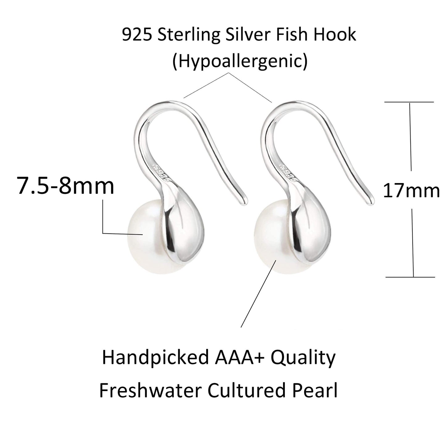 925 Sterling Silver Hoop Handpicked AAA+ Quality 7.5-8mm White Freshwater Cultured Pearl Dangle Drop Earrings Jewelry for Women