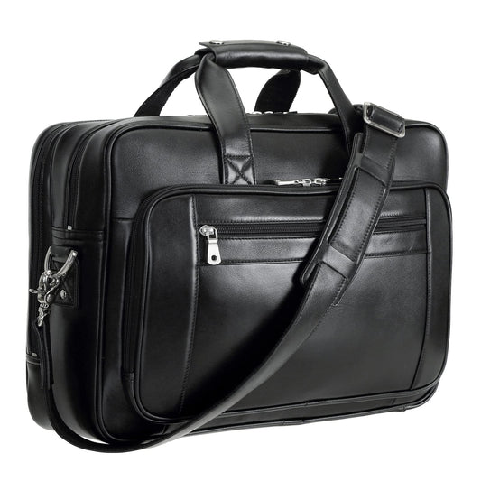 compalo Men's Solid Thick Napa Leather 17.3" Laptop Briefcase Classic Messenger Bag Fit Business Travel