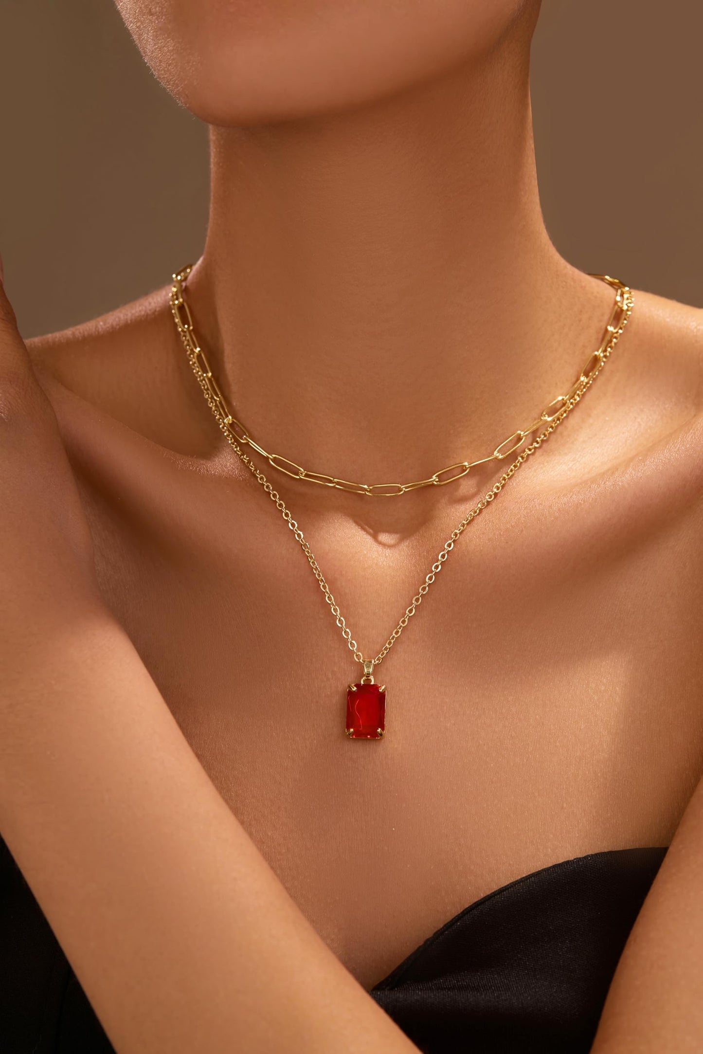 VANGETIMI Red and Gold Layered Pendant Necklaces for Women 14k Gold Plated Crystal Choker Necklace Paperclip Rhinestone Necklace Party Prom Jewelry