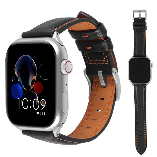 Soft Genuine Leather Band for Apple Watch 49mm 46mm 45mm 44mm 42mm - Women/Men Vintage Retro Replacement Wristband Strap with Metal Buckle for iWatch Ultra 3/2/SE/Series 11/10/9/8/7/6/5/4/3 - Black