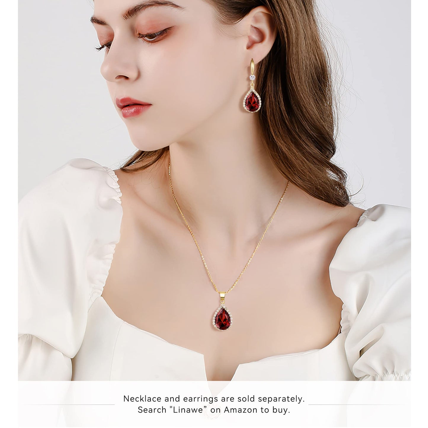 Linawe Ruby Imitation Diamond Dangle Earrings for Women, 14K Gold Rhinestone Cubic Zirconia Crystal Teardrop Earrings, Wedding Bride Bridesmaids Earrings, Birthstone Jewelry