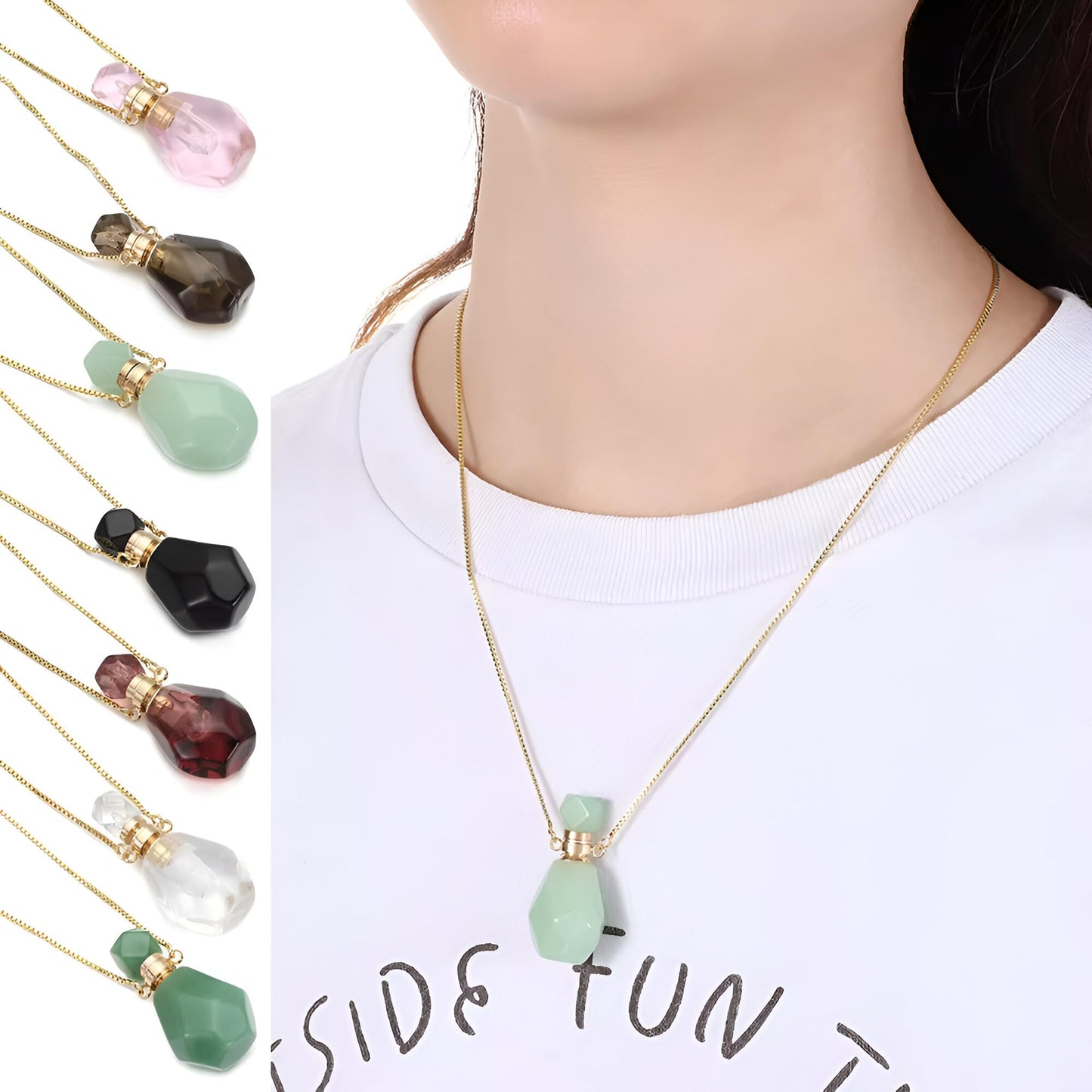 14K Yellow Gold Natural Stone Vial Necklace For Women - Glass Vial Pendant Water Drop Jar Perfume - Water Container Vial For Liquid Oil Diffuser Vial Jewelry