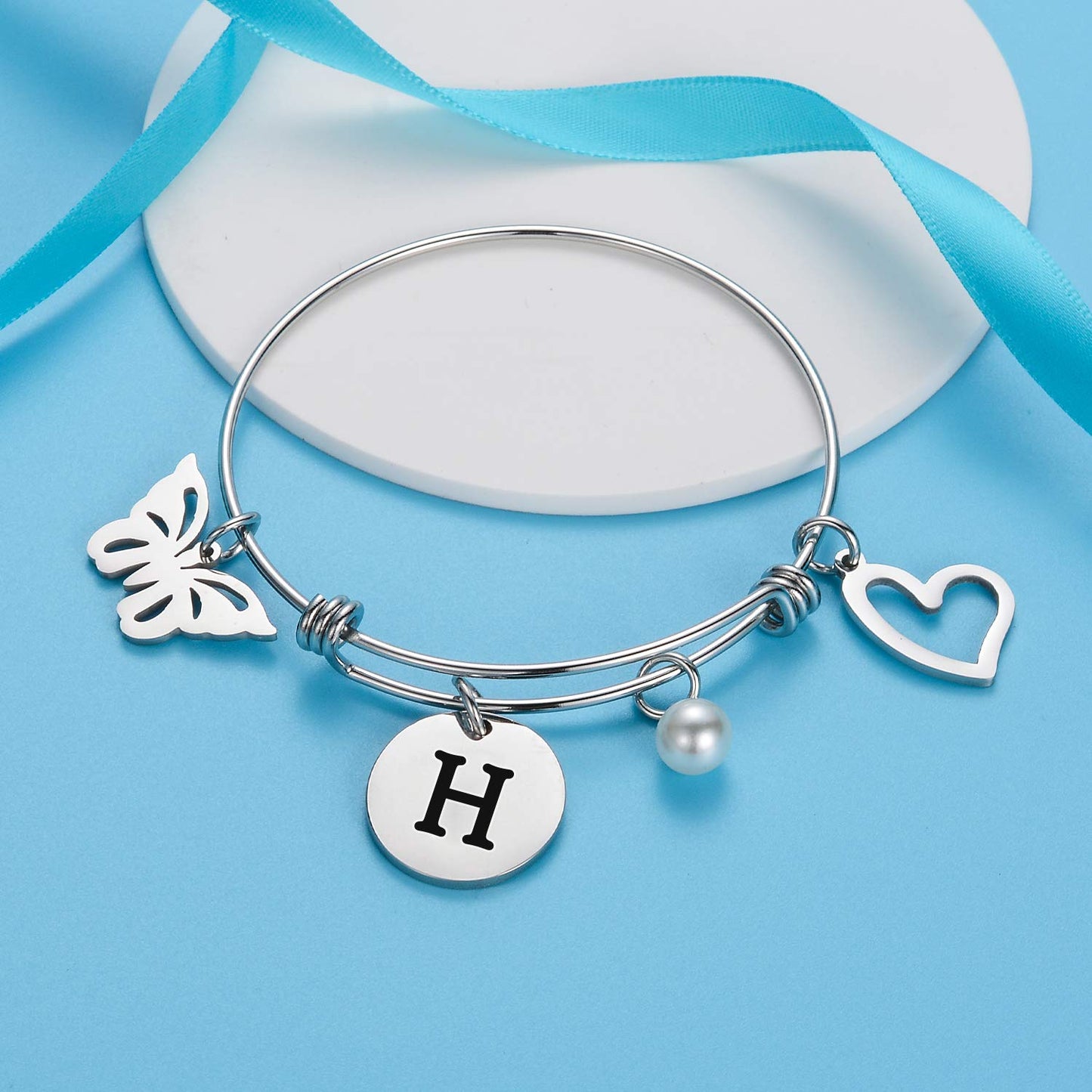 malyunin Initial Bracelet Charm Bracelets Heart Butterfly 26 Letters Alphabet Bracelet for Women Letter Bracelet Personalized Jewelry (H)