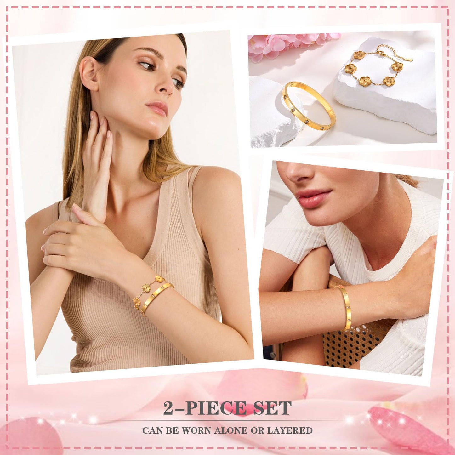 MPRAINBOW Womens Stackable Gold Bracelets Jewelry, 18K Gold Plated Floral Bracelet,Bangles Non Tarnish, Gold Cubic Zirconia Chain Set Trendy Gift,Christmas Valentines Birthday Gifts for Girlfriend