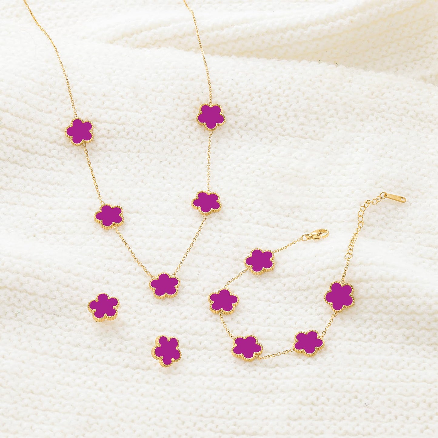 Qinpan Five Leaf Clover Necklace Bracelet and Stud Earrings Set for Women Lucky Flower Jewelry (Purple-14K Gold Plated)