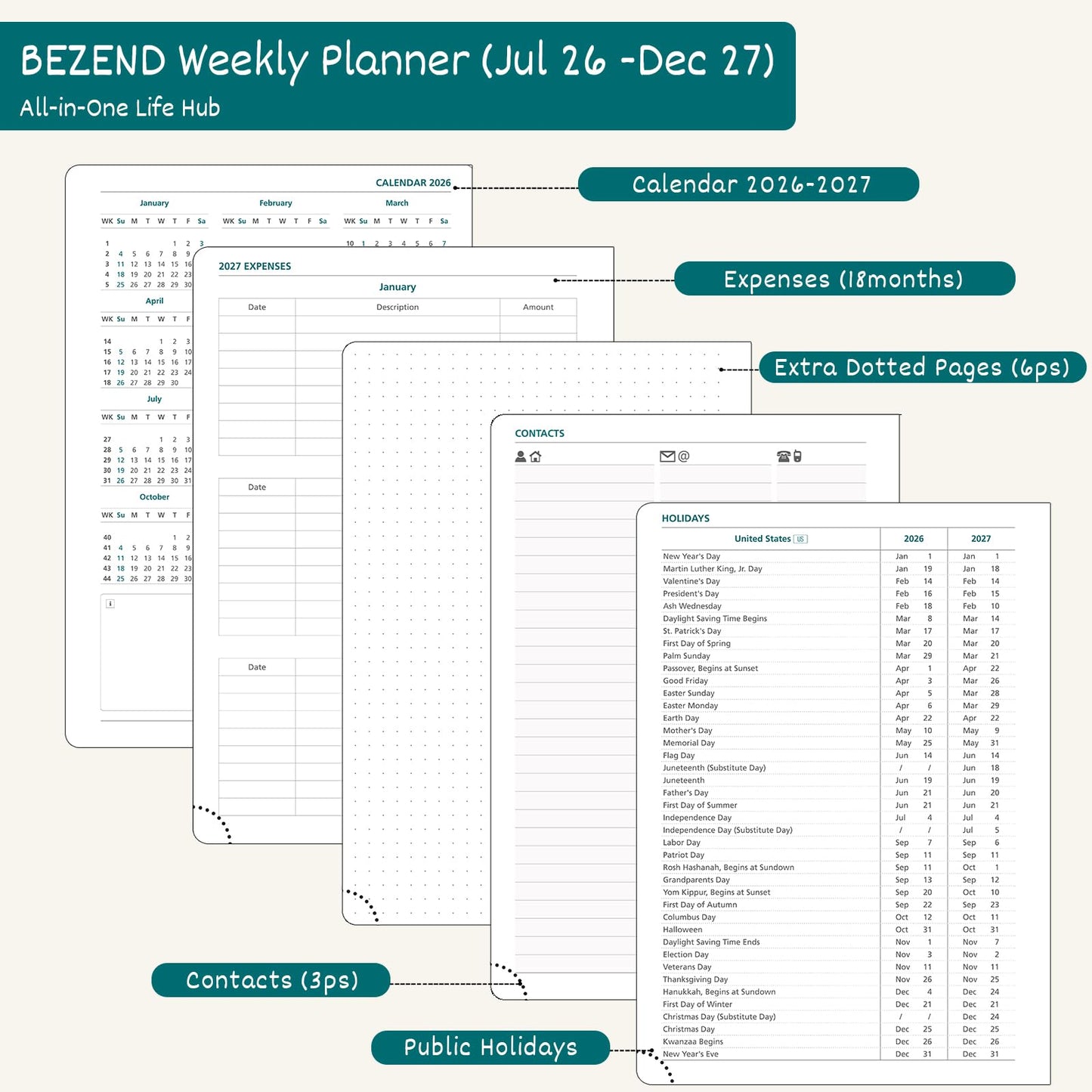 BEZEND Weekly Planner 2026-2027 (6" x 8.5") Horizontal Layout Notebook (Jul 26-Dec 27) 18 Months Academic Calendar & Monthly Tabs, Ideal for Students, Work & Home, PU Leather Hardcover -Black