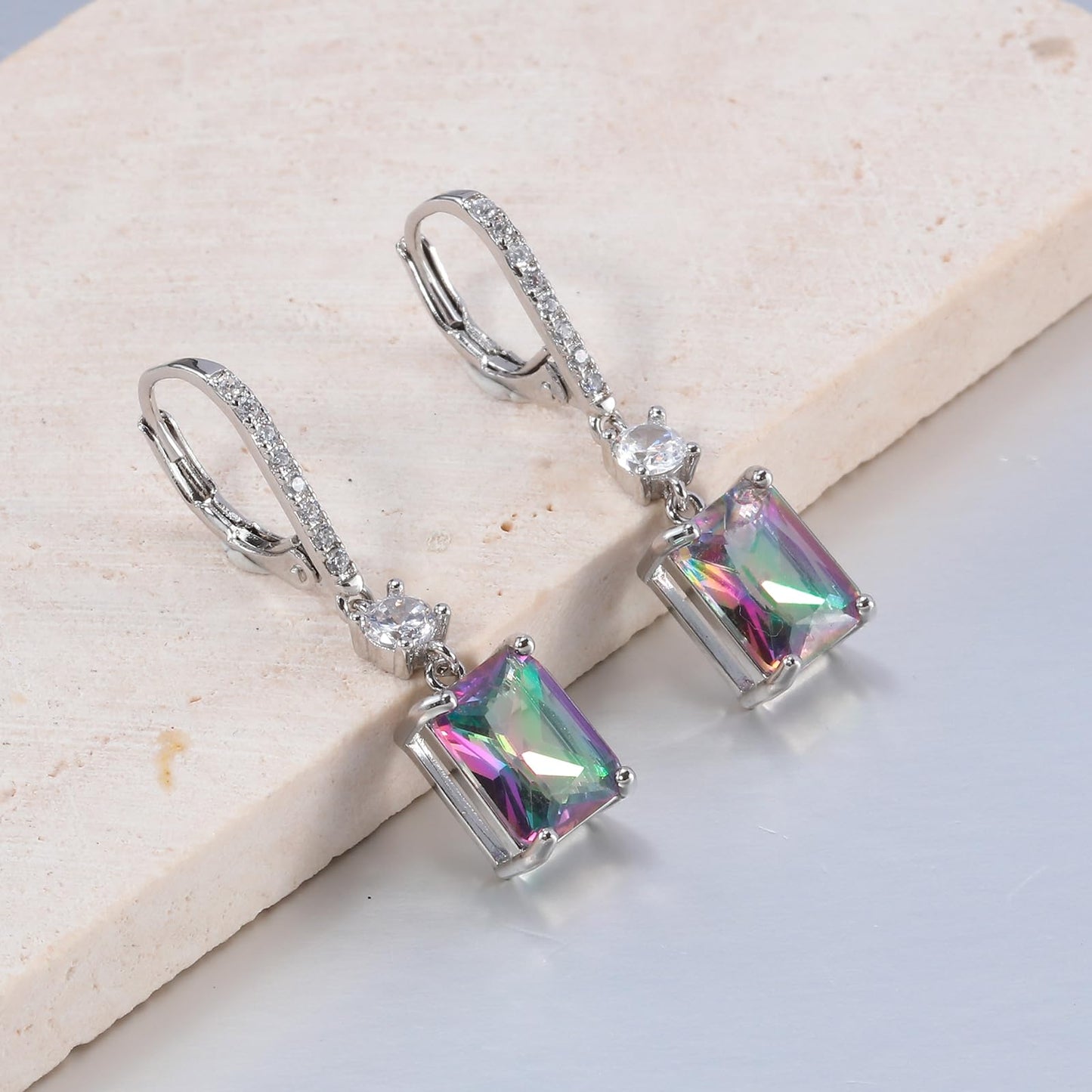 CiNily Leverback Earrings for Women Rectangular-cut Drop Dangle Earring Hypoallergenic, 14K White Gold Plated Mystic Rainbow Topaz Earrings Diamond Dangle Ear Rings Jewelry for Sensitive Ear