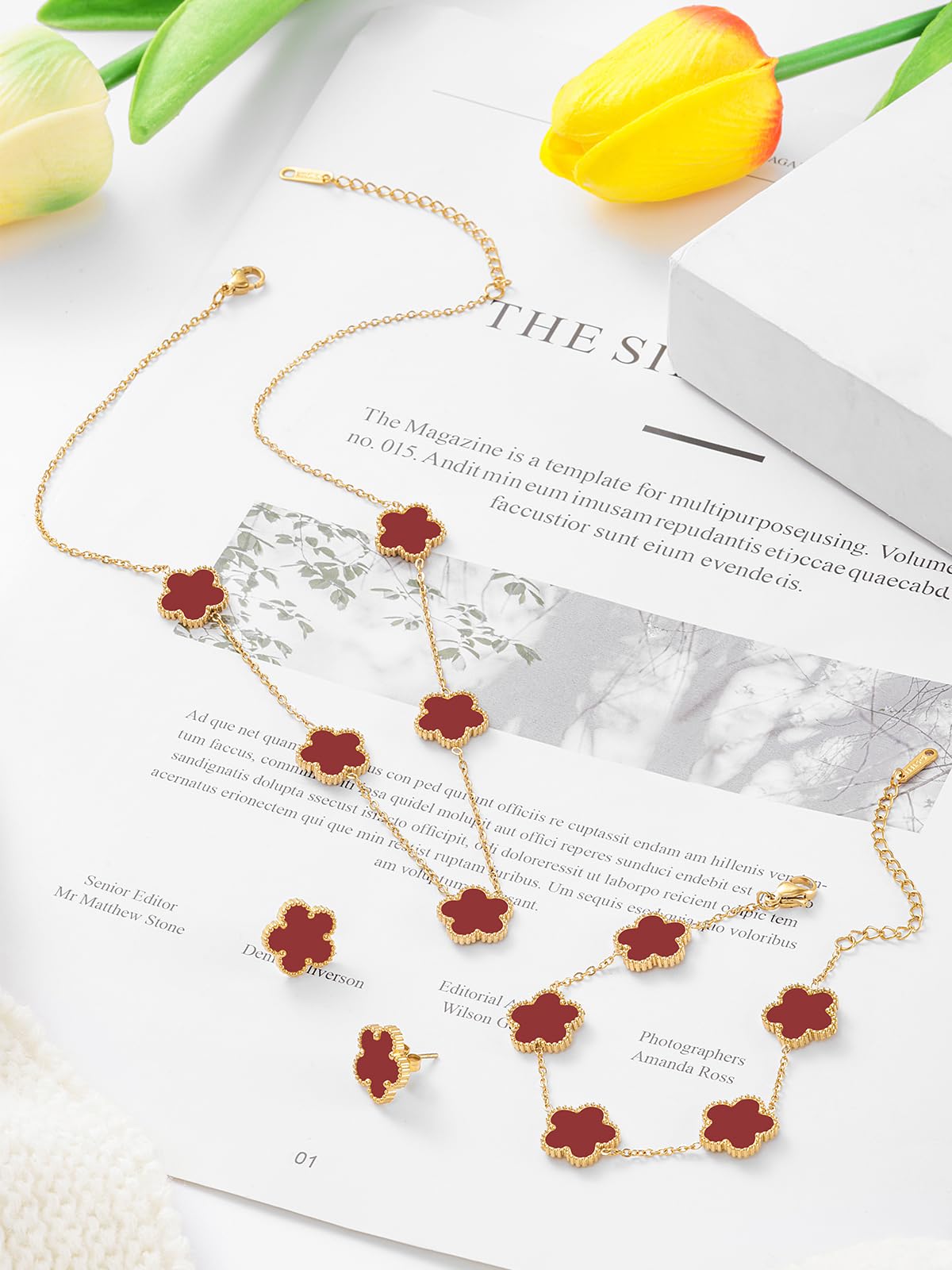 Qinpan Five Leaf Clover Necklace Bracelet and Stud Earrings Set for Women Lucky Flower Jewelry (Burgundy-14K Gold Plated)