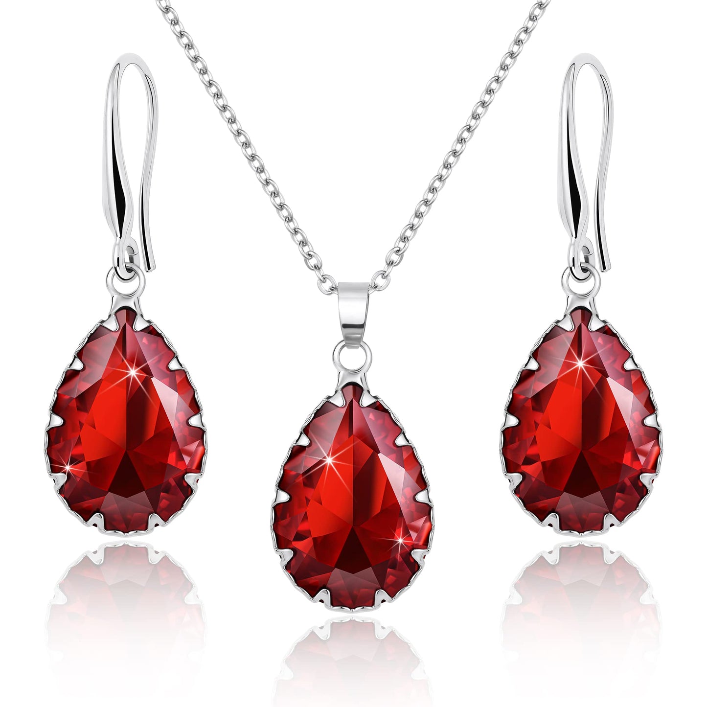Linawe Garnet Imitation Diamond Pendant Necklace Set, Boho Ruby Crystal Wedding Jewelry Sets for Women, Silver Drop Dangle Red Earring Set, Teardrop Rhinestone Birthstone Matching Jewelry