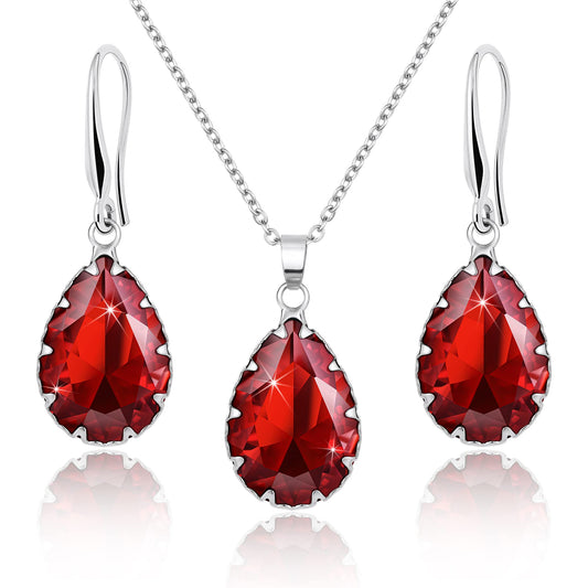 Linawe Garnet Imitation Diamond Pendant Necklace Set, Boho Ruby Crystal Wedding Jewelry Sets for Women, Silver Drop Dangle Red Earring Set, Teardrop Rhinestone Birthstone Matching Jewelry