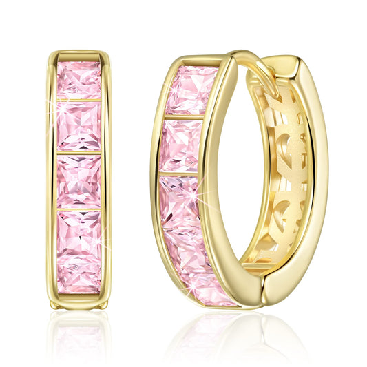 Linawe Flat Back Gold Hoop Earrings for Women, Trendy Pink Cubic Zirconia Studs, Helix Moissanite Earrings, Cute Small Huggie Earrings, Cartilage Cuff Ear Piercing