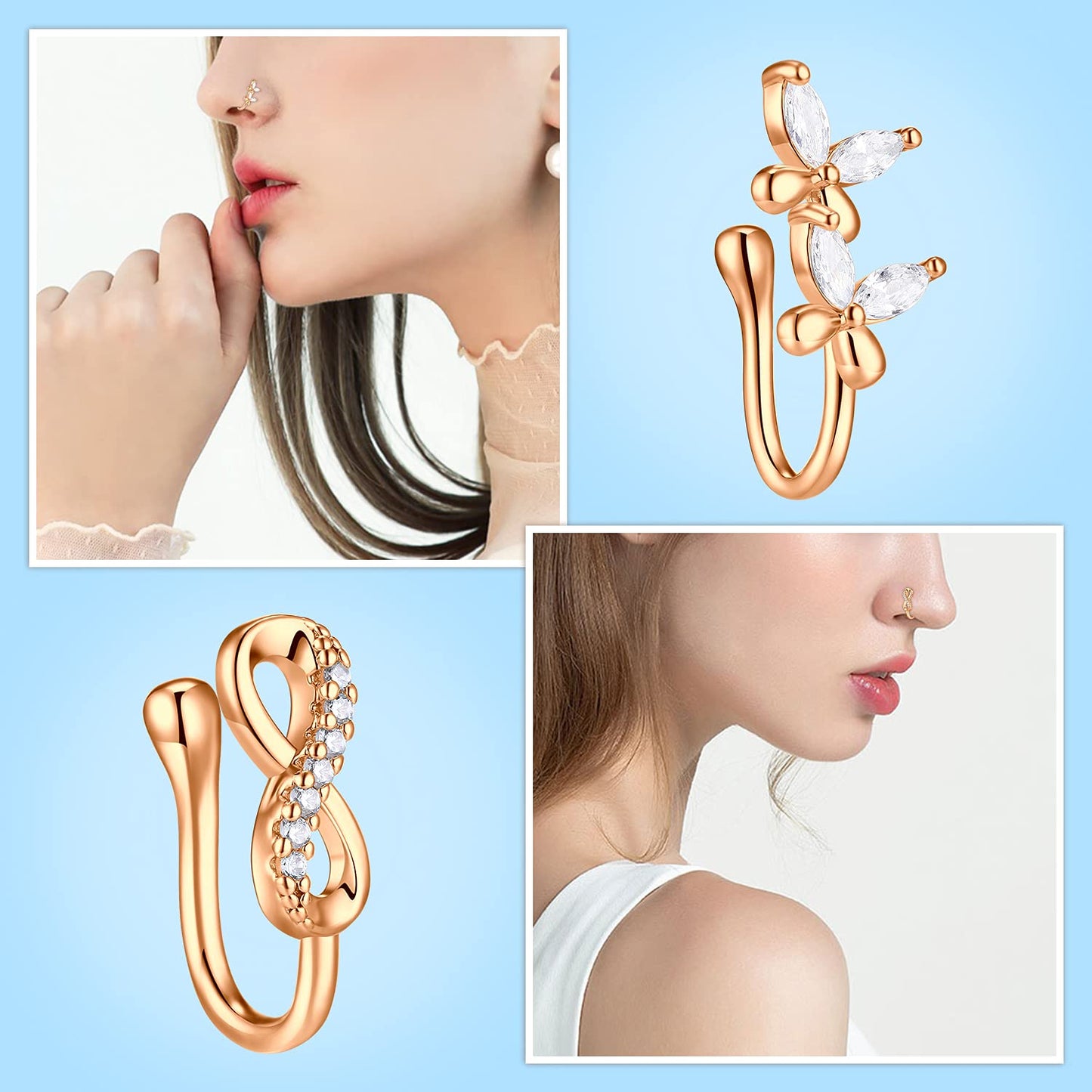 JFORYOU Nose Rings Fake 8Pcs Stainless Steel Inlaid CZ Faux Piercing Jewelry Fake Nose Ring Clip on Circle Hoop No Pierced Nose Ring Jewelry for Women Men