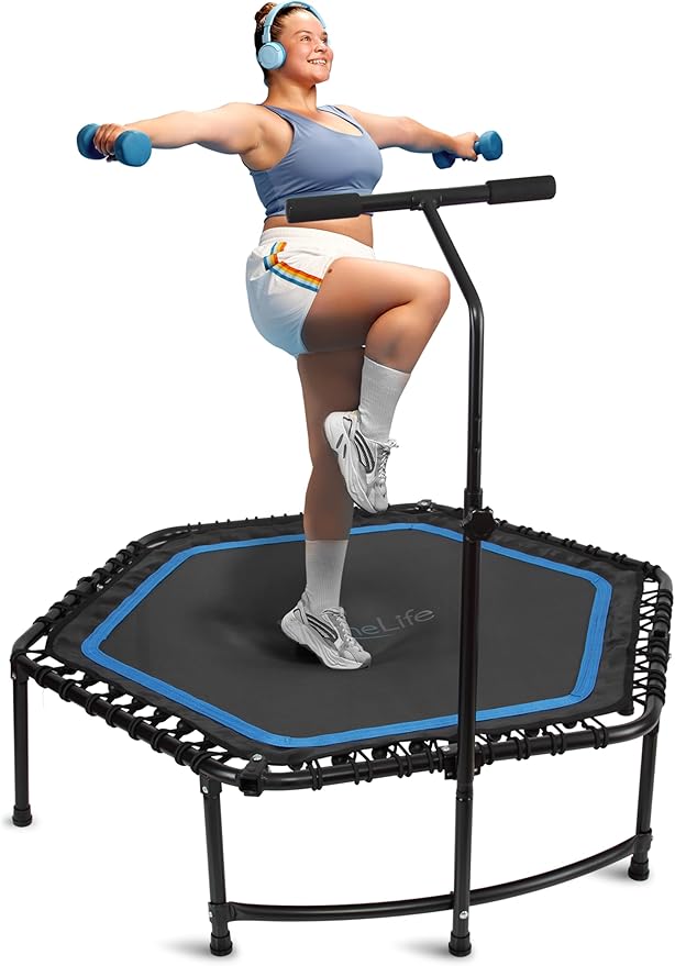 SereneLife 40"/50" Mini Trampoline for Adults - 450/550LBS Fitness Trampoline with Reinforced Springs & Adjustable Safety Handle - Stable & Quiet Supports Whole-Body Workout & Relaxation
