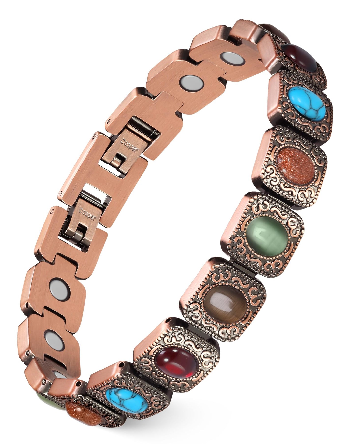 Feraco Pure Copper Bracelets for Women, Ultra Strength Magnetic Copper Bracelet with 3800 Gauss Magnets, Natural Turquoise & Stones, Adjustable, Jewelry Gift