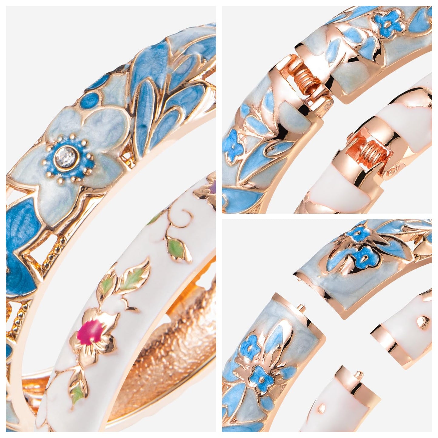 UJOY Bracelet Cloisonne Jewelry Fashion Opening Hinged Bangles Crafted Blue Colored Enamel Flower Gifts for Women 88A11-55A82 Blue White