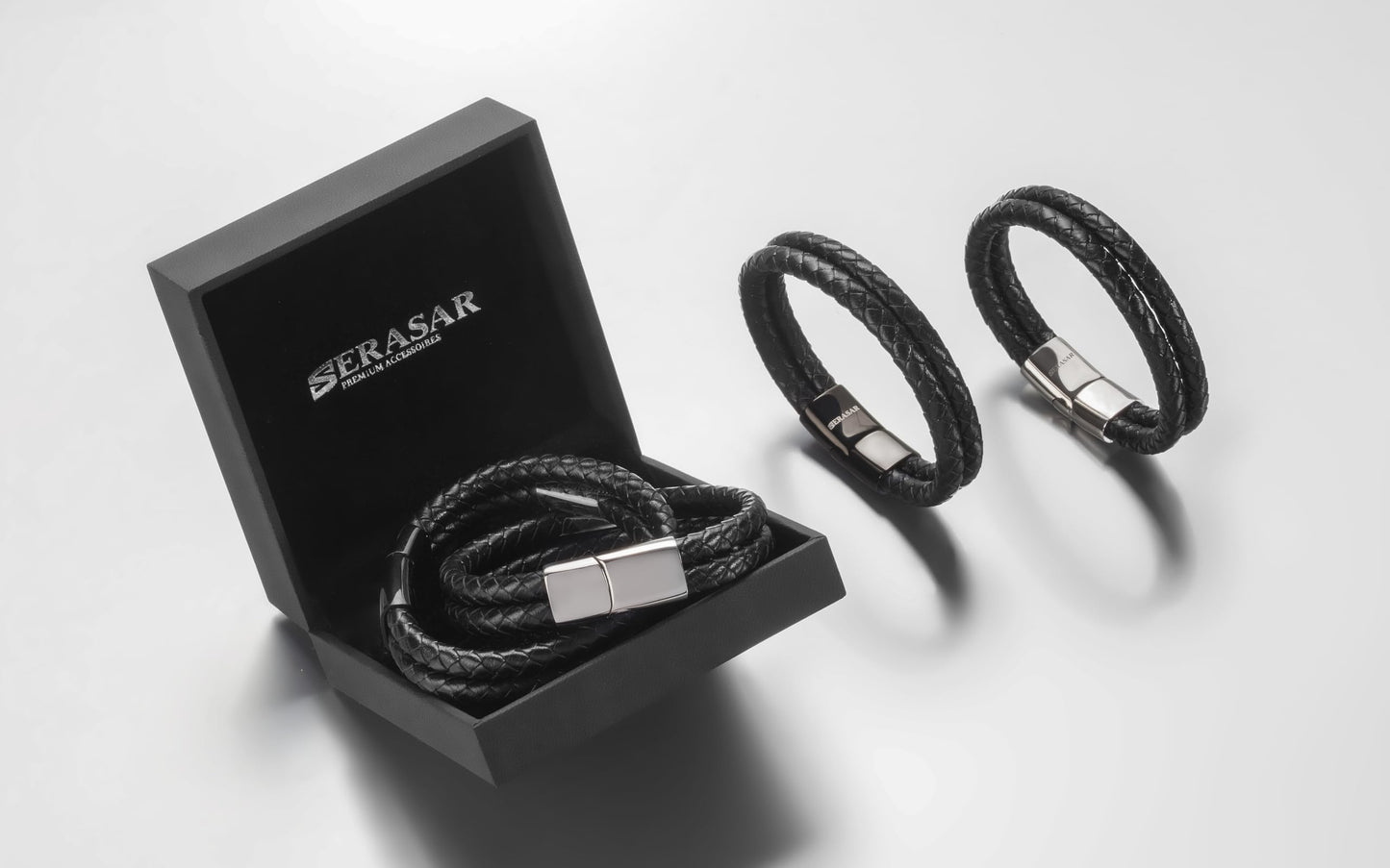 SERASAR 8″ Silver Leather Bracelets for Men Mens Armlet Cowhide Gift Box Braided Circlet Stainless Steel Jewelry Wrist Band Cuff Wrap Rope Bangle Dad Pulseras para Hombres Cuero Regalo