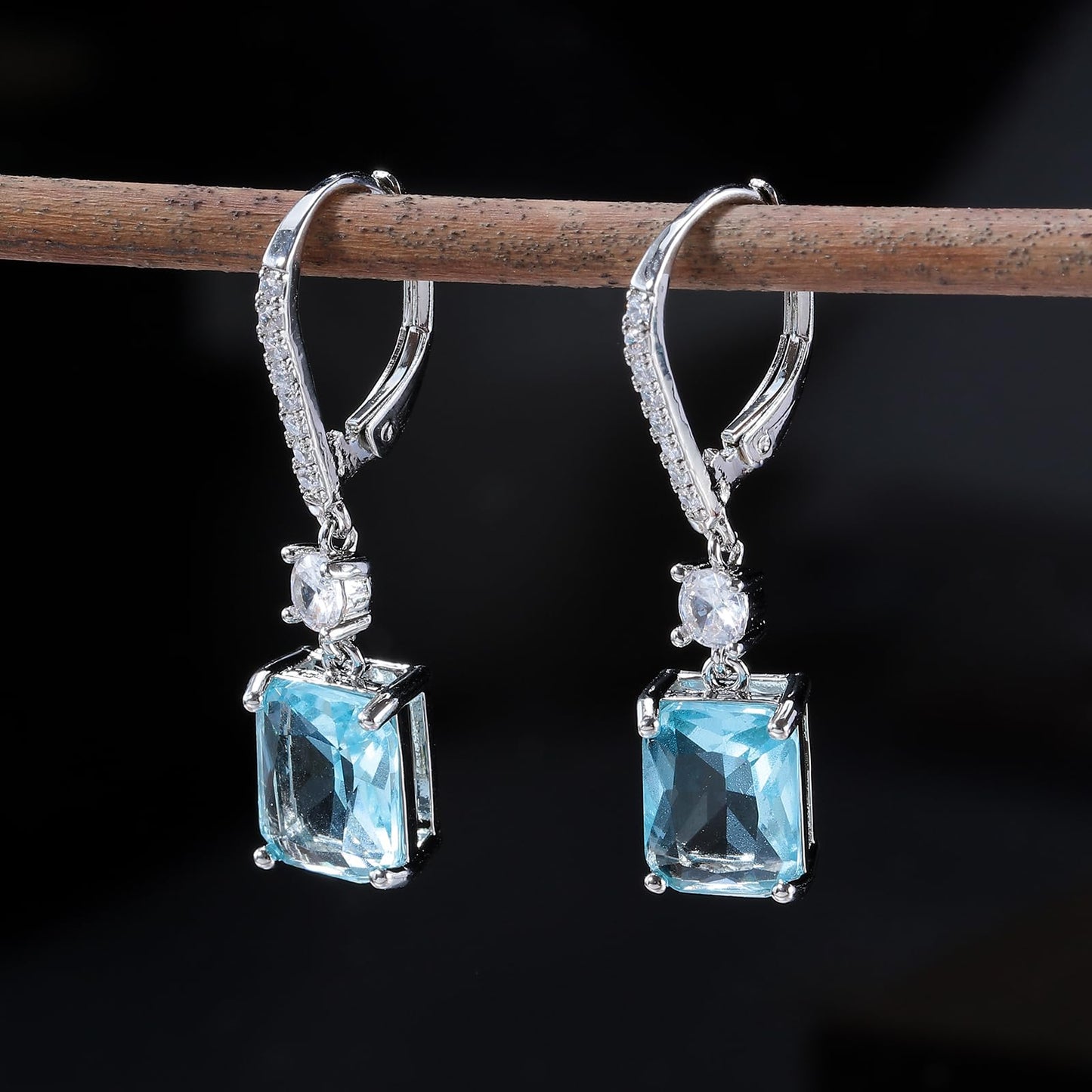 CiNily Rectangular-cut Drop Dangle Earrings Hypoallergenic, 14K White Gold Plated Light Blue Cubic Zircon Earrings Diamond Dangle Earrings Jewelry Birthday