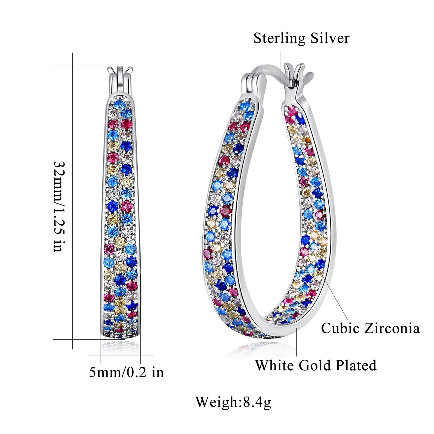 CiNily 925 Sterling Silver Post Hoop Earrings for Women 14K White Gold Plated Rainbow Cubic Zirconia Hoop Earrings Large Oval Chunky Hoops Gemstone Earrings Jewelry