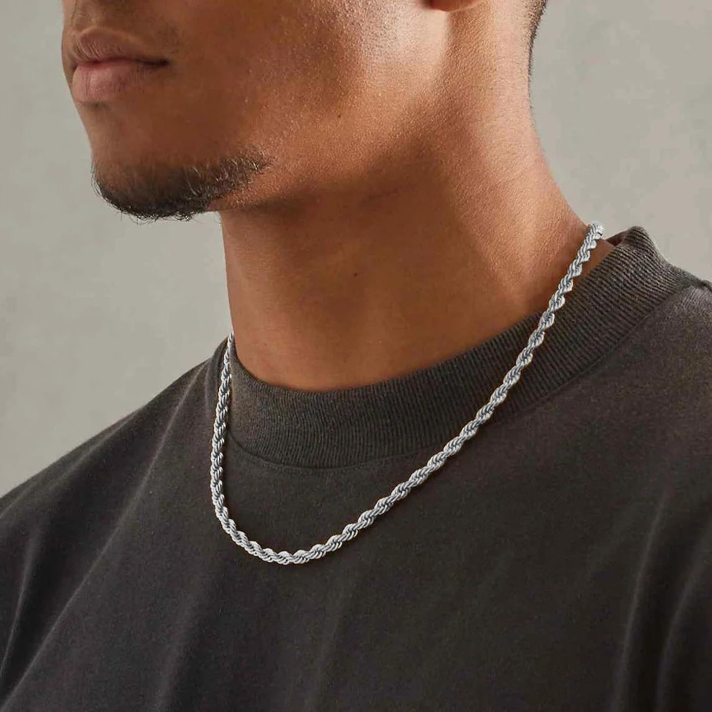 Jewlpire Silver Tone Chain for Men, 4mm Stainless Steel Rope Chains Silver Chain Necklace for Men Sturdy Mens Chains Necklace, 20 Inch