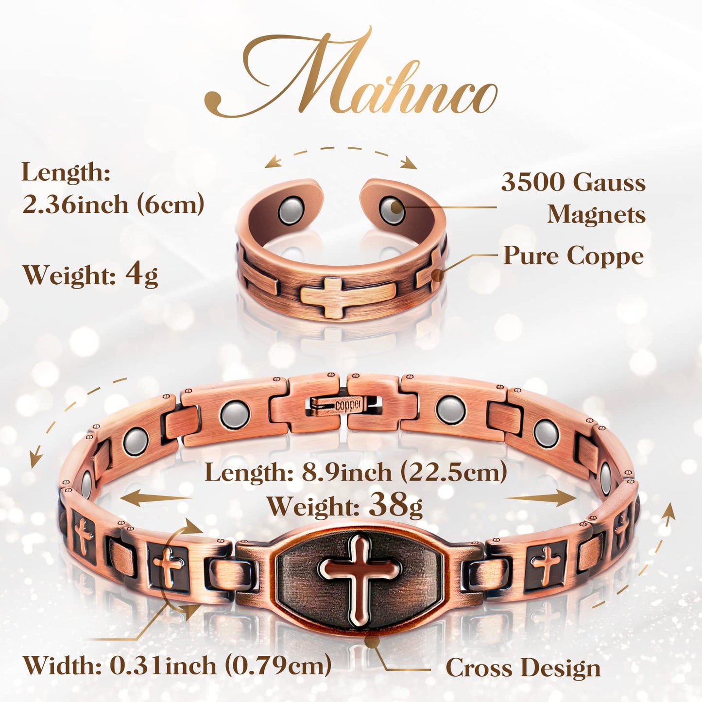 Mahnco Magnetic Copper Bracelet & Ring for Women, Lymph Detox Bracelet for Joint with 3500 Gauss Strong Magnets-Jewelry Gifts with Adjust Tool